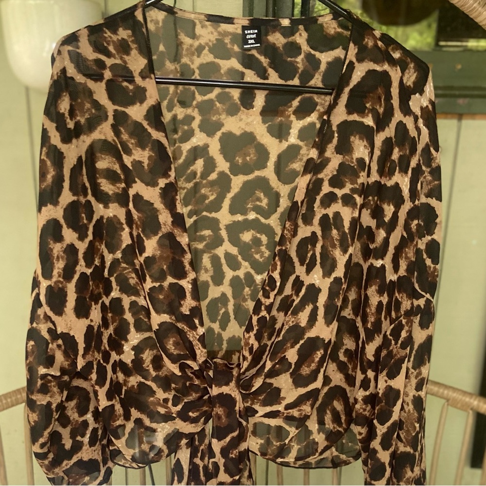SHEIN Brown and Black Leopard-Print Tie-Front Blouse
